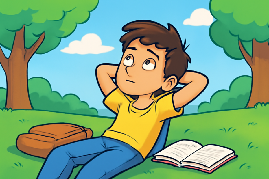 A vibrant, cartoon-style image depicts a young male student lounging on the grass in a sunlit park, lost in thought.