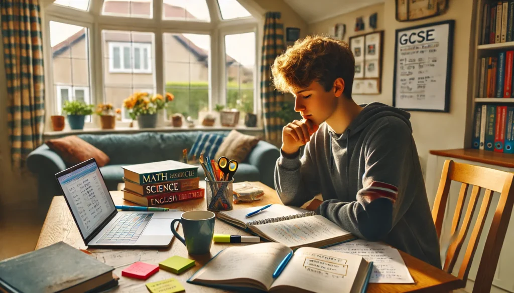 a UK secondary school student (around 15–16 years old) sitting alone at a desk studying for GCSE exams